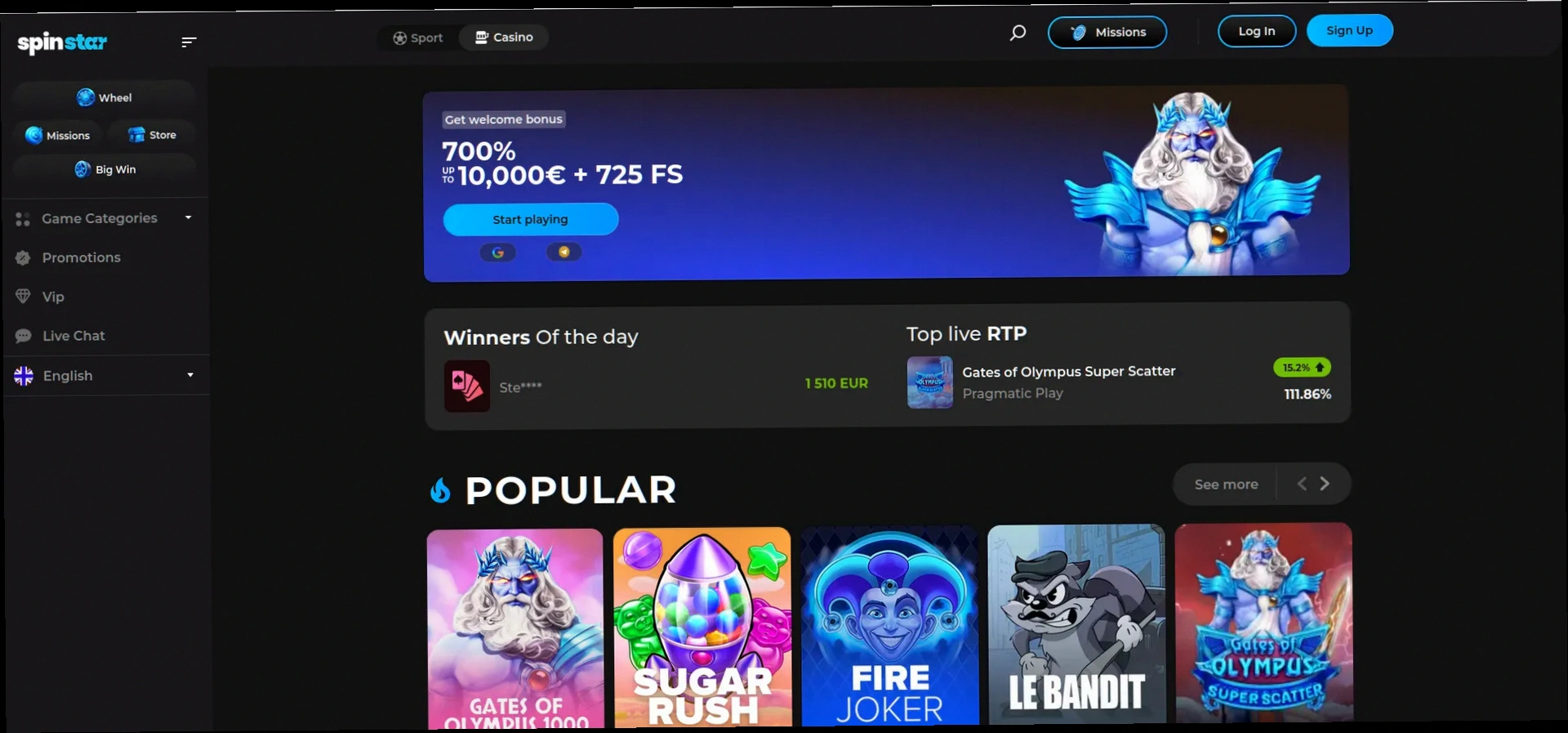 Spinstar Casino 150% tot €300 + 100 Gratis Spins Welkomstbonus